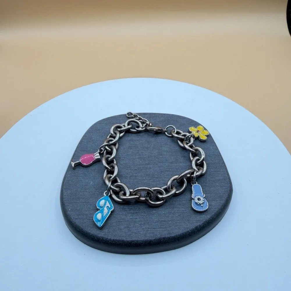 Silver Tone Chunky Chain Enamel Shoe Flower Wine Glass Charm Bracelet 7 Inch